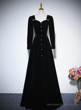 Black Velvet Long Sleeve Square Neck Prom Dress